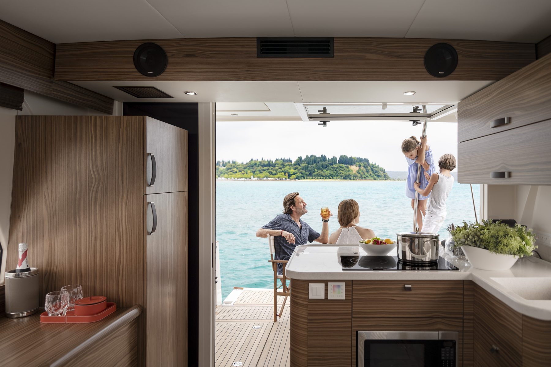 Cabin berth beneath overhead skylights